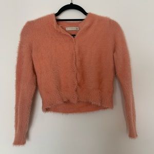 TRENDY PEACH FUZZY BUTTON UP SWEATER
